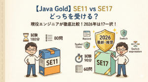 Java Gold試験のSE11とSE17の徹底比較解説図。結論、2026年はSE17一択！