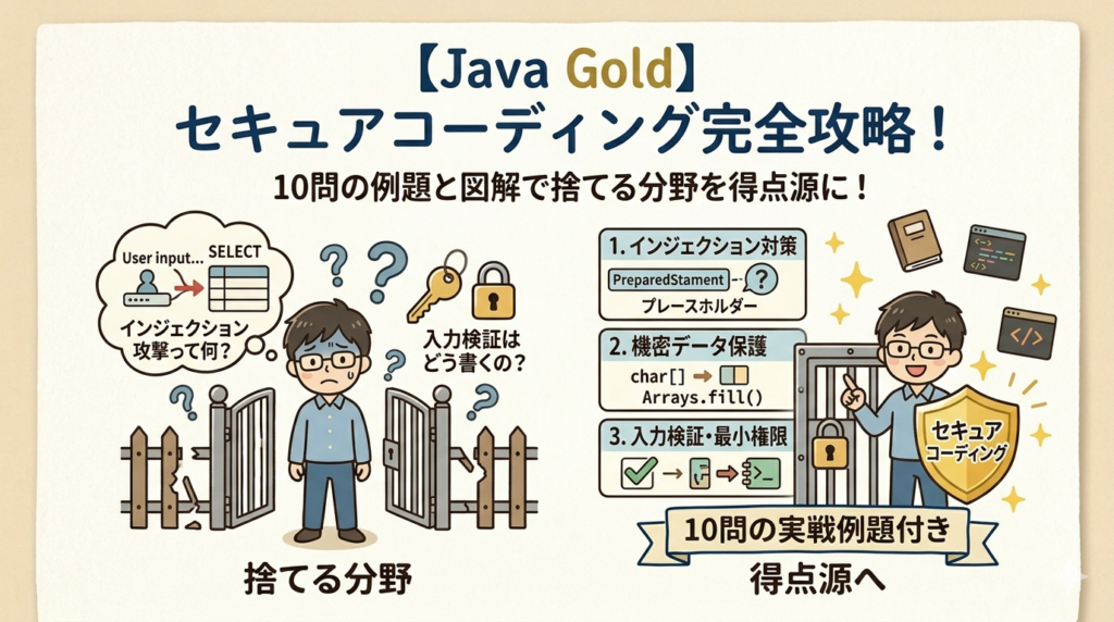 Java Gold試験対策 セキュアコーディング（SQLインジェクション対策、機密データ保護）の解説と実戦例題10問の図解アイキャッチ画像