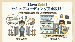 Java Gold試験対策 セキュアコーディング（SQLインジェクション対策、機密データ保護）の解説と実戦例題10問の図解アイキャッチ画像