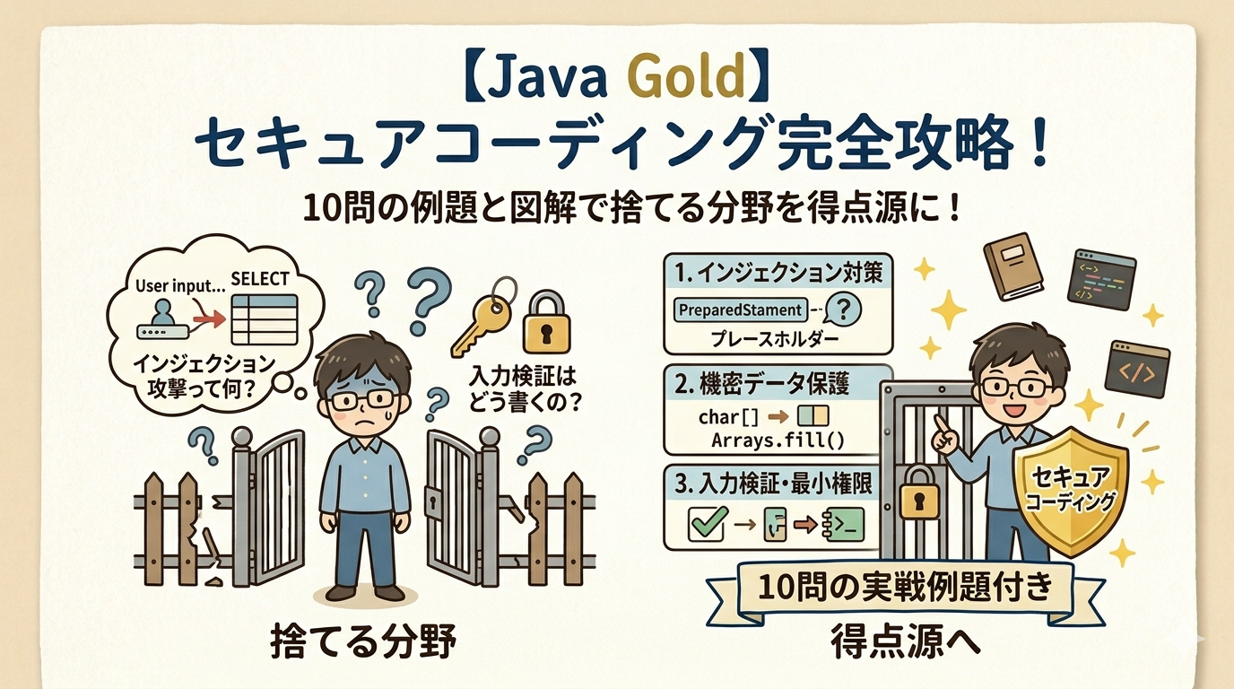 Java Gold試験対策 セキュアコーディング（SQLインジェクション対策、機密データ保護）の解説と実戦例題10問の図解アイキャッチ画像
