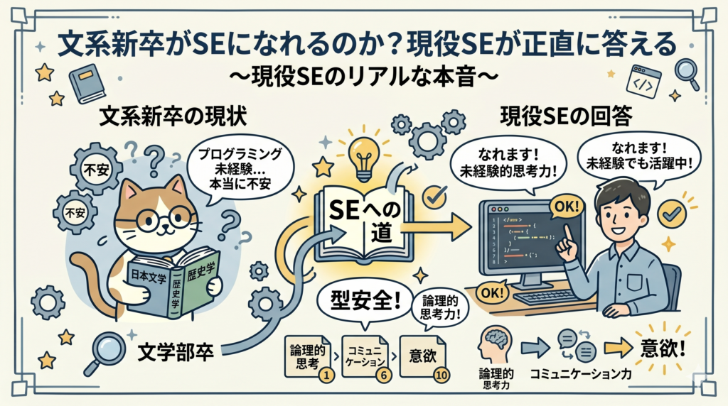 【図解】文系新卒がSEになれるのか？現役SEが正直に答えるアイキャッチ画像。不安を抱える文学部卒の猫キャラクターが、現役SEの笑顔の「なれます！」という回答と、論理的思考力や意欲が重要である仕組みを、手書き風の温かいイラストで解説。