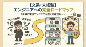 【高画質図解】文系・未経験からエンジニアになるための学習＆転職完全ロードマップ。IT基礎、Java等の言語習得、ポートフォリオ作成から就職戦略まで、現役8年目エンジニアが実体験に基づき最短ルートを解説するアイキャッチ画像