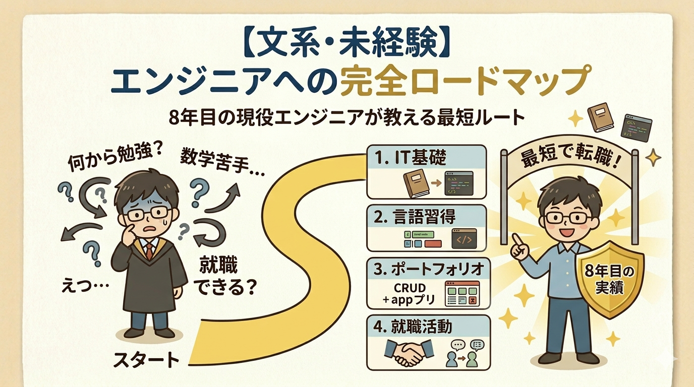 【高画質図解】文系・未経験からエンジニアになるための学習＆転職完全ロードマップ。IT基礎、Java等の言語習得、ポートフォリオ作成から就職戦略まで、現役8年目エンジニアが実体験に基づき最短ルートを解説するアイキャッチ画像