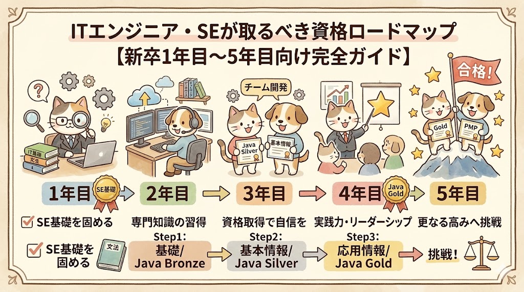【図解】ITエンジニア・SEが取るべき資格ロードマップ（新卒1年目〜5年目向け）。キャリアの段階（1年目〜5年目）ごとに、基礎（Java Bronze）から、基本情報（Java Silver）、応用情報（Java Gold）、挑戦まで、目指すべき資格と知識を、猫と犬のキャラクターとともに手書き風イラストで解説したアイキャッチ画像。