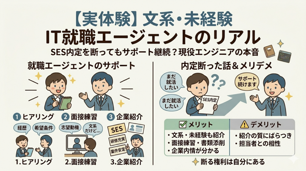 【実体験図解】文系・未経験からのIT就職エージェント活用のリアル。SES内定を断った体験談、面接練習や書類添削のサポート、内定を断ってもエージェントとの関係は続き、強制されないことを示すイラスト。現役エンジニアの本音