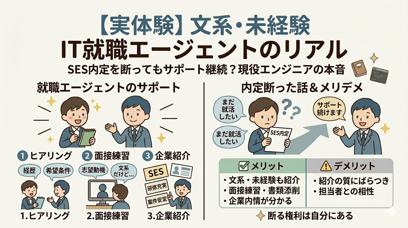 【実体験図解】文系・未経験からのIT就職エージェント活用のリアル。SES内定を断った体験談、面接練習や書類添削のサポート、内定を断ってもエージェントとの関係は続き、強制されないことを示すイラスト。現役エンジニアの本音