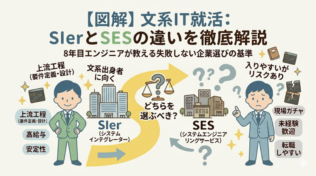 【図解】文系IT就活におけるSIerとSESの違いを比較解説する、軽量化されたアイキャッチ画像。上流工程・給与・安定性のSIerと、現場ガチャ・未経験歓迎のSES、どちらを選ぶべきか現役エンジニアが教える企業選びの基準を示すイラスト