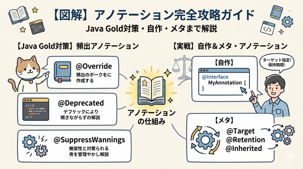 【図解】Javaアノテーション完全攻略ガイド。頻出のOverride・Deprecated・SuppressWarnings、自作アノテーションの仕組み、メタアノテーションの使い分けを分かりやすく解説したアイキャッチ画像。