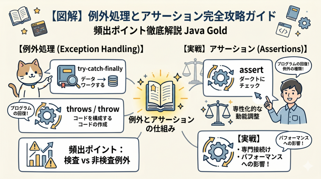 【図解】Java Gold試験頻出！例外処理とアサーションの完全攻略ガイド。try-catch-finally・throws・検査vs非検査例外、自作アノテーションやメタアノテーション、assertの使い方を分かりやすく解説したアイキャッチ画像。