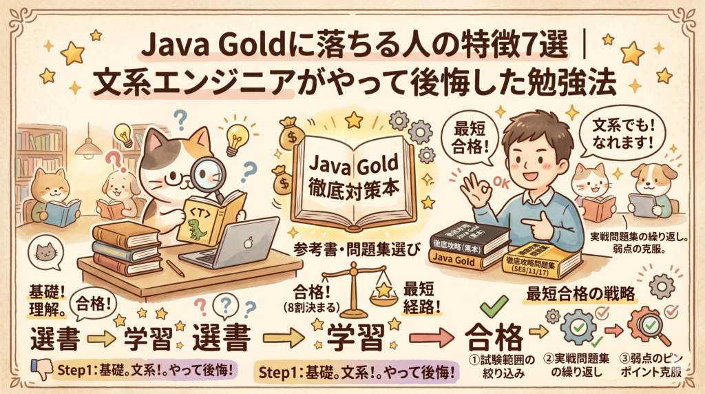 【図解】Java Goldに落ちる人の特徴7選｜文系エンジニアがやって後悔した勉強法と、最短合格のための戦略を比較したアイキャッチ画像。基礎理解（猫）から、実戦問題集の繰り返しや弱点克服（人間）で合格を掴む仕組みを手書き風イラストで解説。