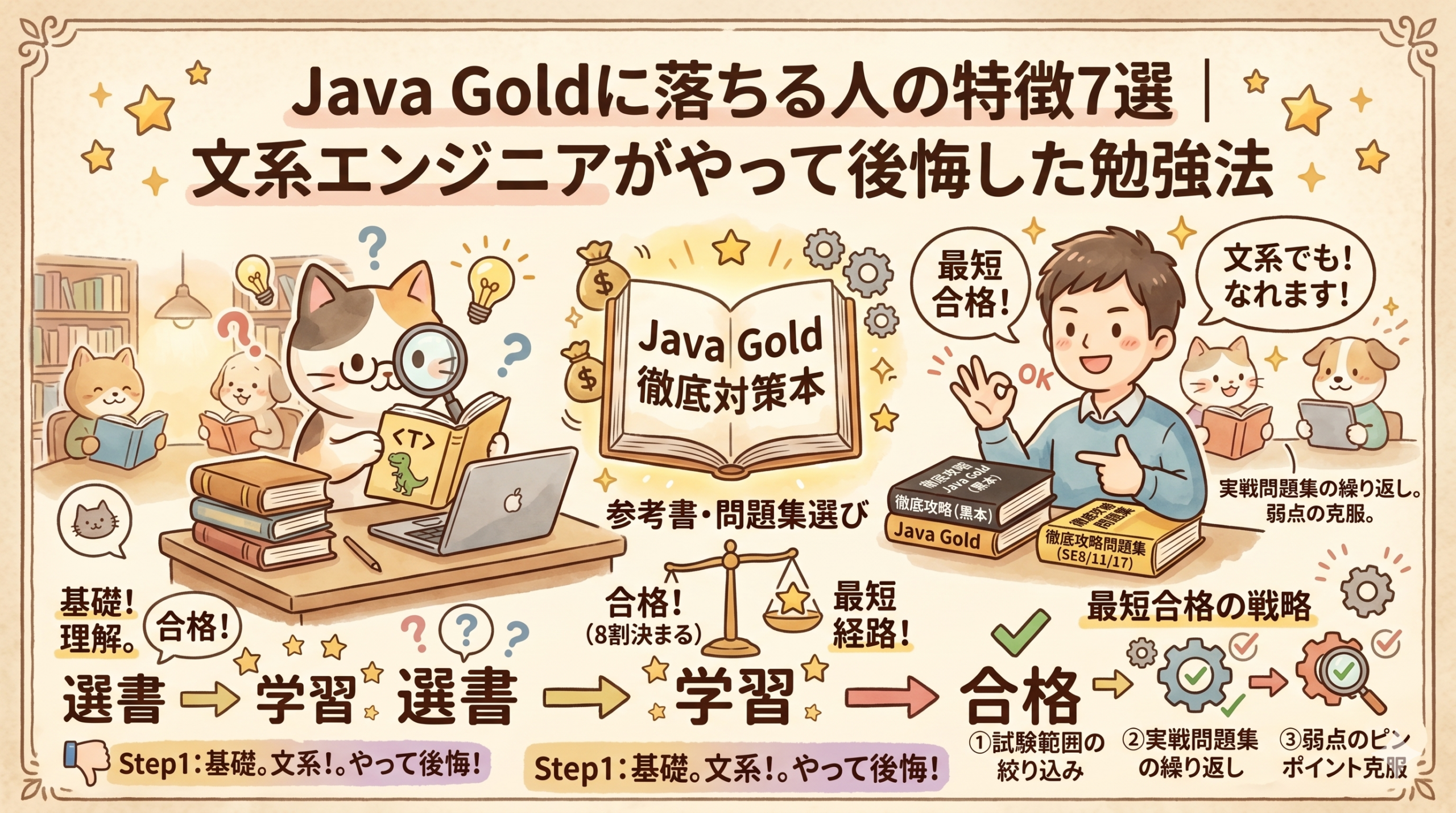 【図解】Java Goldに落ちる人の特徴7選｜文系エンジニアがやって後悔した勉強法と、最短合格のための戦略を比較したアイキャッチ画像。基礎理解（猫）から、実戦問題集の繰り返しや弱点克服（人間）で合格を掴む仕組みを手書き風イラストで解説。