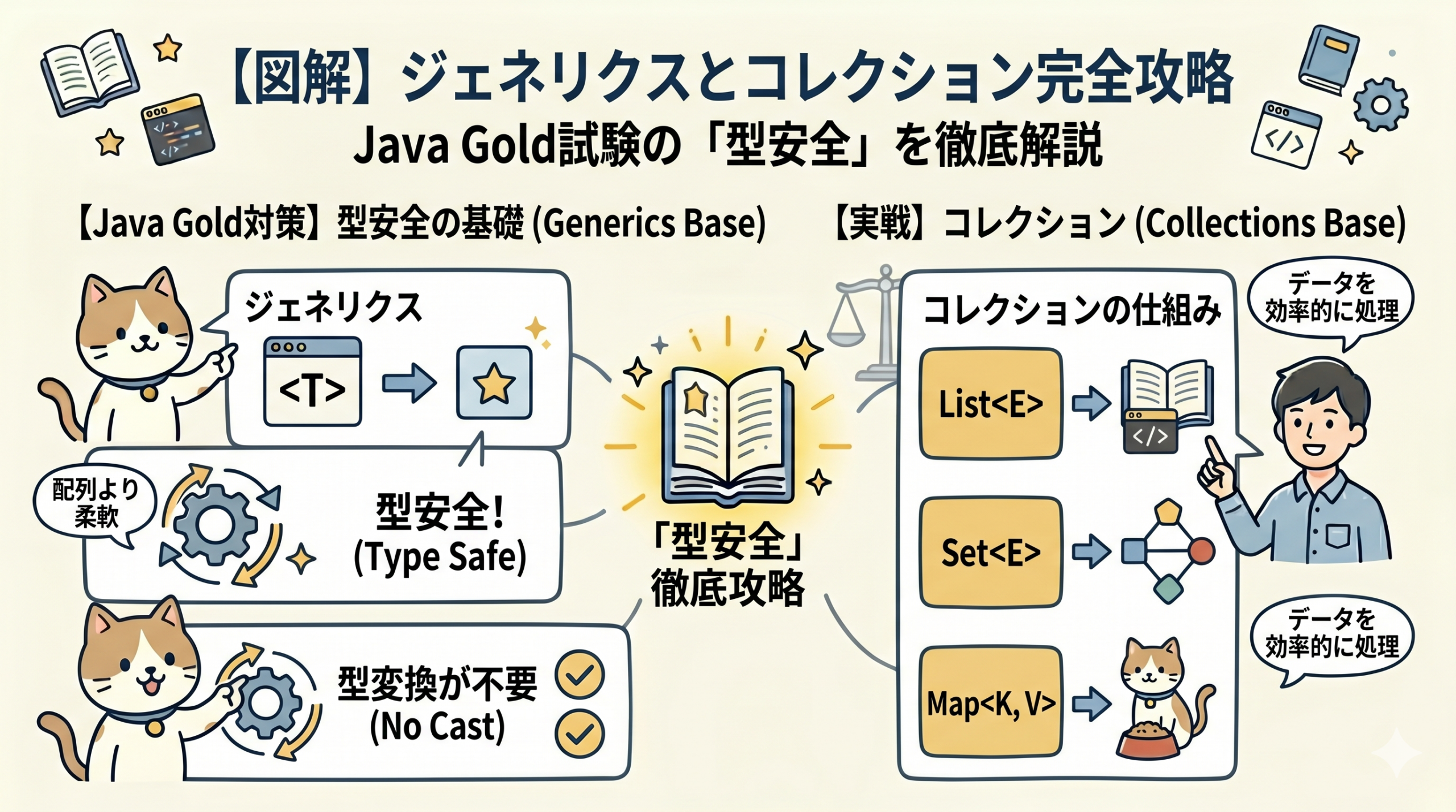 【図解】Java Gold試験頻出のジェネリクスとコレクション。型安全（Type Safe）、型変換不要（No Cast）の仕組み、List・Set・Mapそれぞれのコレクションの使い分けを分かりやすく解説したアイキャッチ画像。