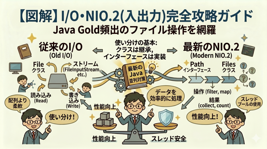 【図解】Java Gold試験頻出のI/O・NIO.2（入出力）。従来のFile・FileInputStreamと最新のPath・Filesの仕組み、ファイル操作の頻出ポイントを分かりやすく解説したアイキャッチ画像。
