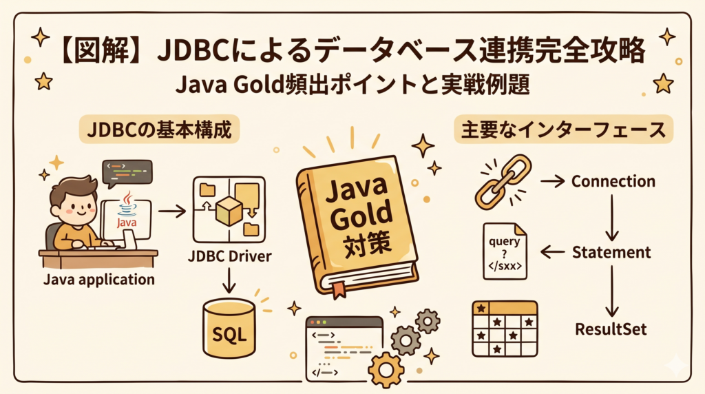 【図解】Java Gold試験頻出のJDBCデータベース連携完全攻略ガイド。JDBC Driver、Connection、Statement、ResultSetの基本構成と仕組みを分かりやすく解説したアイキャッチ画像。