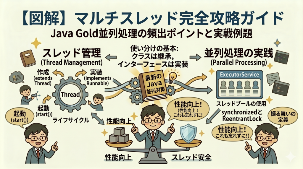 【図解】Java Gold試験頻出のマルチスレッドと並列処理。スレッド管理（extends Thread / implements Runnable）、ExecutorService、スレッドプール、synchronizedとReentrantLockによるスレッド安全と性能向上の両立を分かりやすく解説したアイキャッチ画像。