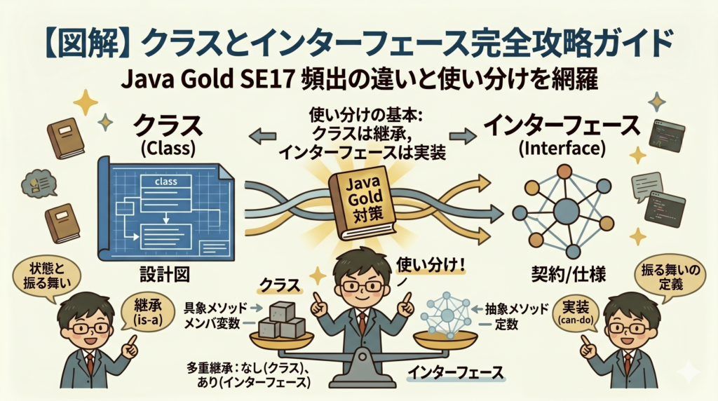 【図解】Java Gold SE17頻出！クラスとインターフェースの違いと使い分け。継承（is-a）と実装（can-do）、デフォルトメソッドや非公開メソッド等の最新仕様まで網羅したアイキャッチ画像。