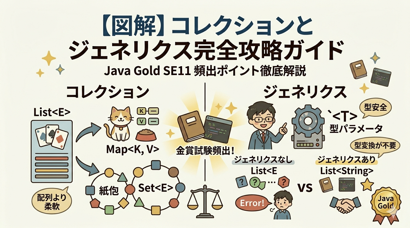 【図解】Java Gold SE17頻出！コレクションとジェネリクスの完全攻略ガイド。List・Map・Set、型パラメータ、ワイルドカードの使い方を分かりやすく解説したアイキャッチ画像。