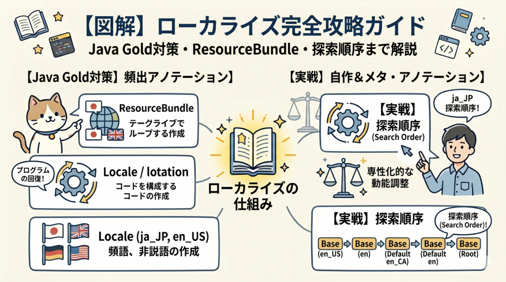 【図解】Java Gold SE17頻出！ローカライズとResourceBundleの完全攻略ガイド。プロパティファイルとクラス版の違い、試験で狙われるリソースファイルの探索順序（フォールバック）を分かりやすく解説したアイキャッチ画像。