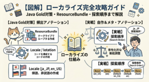 【図解】Java Gold SE17頻出！ローカライズとResourceBundleの完全攻略ガイド。プロパティファイルとクラス版の違い、試験で狙われるリソースファイルの探索順序（フォールバック）を分かりやすく解説したアイキャッチ画像。