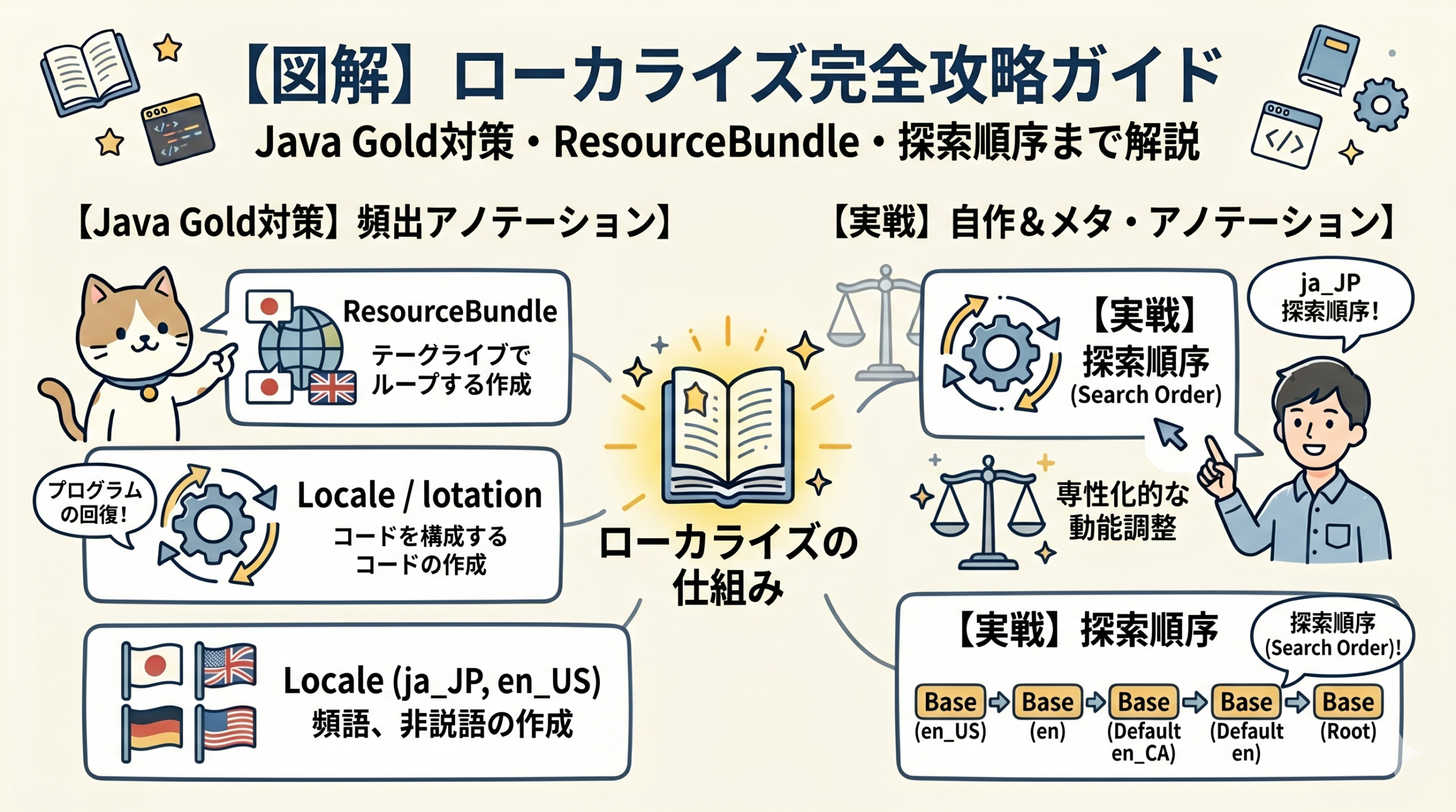【図解】Java Gold SE17頻出！ローカライズとResourceBundleの完全攻略ガイド。プロパティファイルとクラス版の違い、試験で狙われるリソースファイルの探索順序（フォールバック）を分かりやすく解説したアイキャッチ画像。