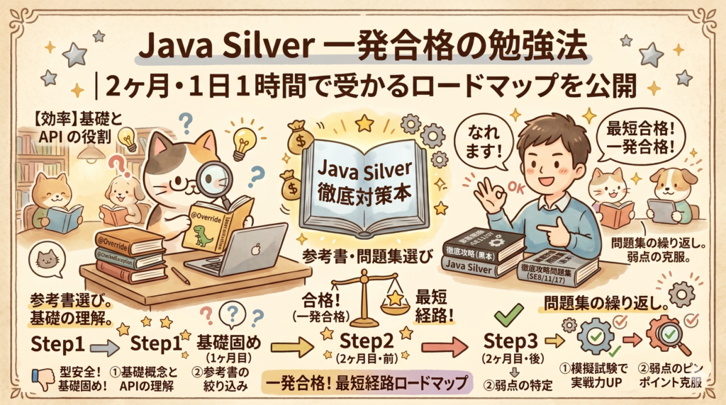 【図解】Java Silver一発合格の勉強法｜2ヶ月・1日1時間で受かるロードマップ。1ヶ月目の基礎固めと参考書選び、2ヶ月目の問題集の繰り返し（黒本）、模擬試験での弱点克服までのステップを、猫と人間のキャラクターとともに手書き風イラストで解説したアイキャッチ画像。