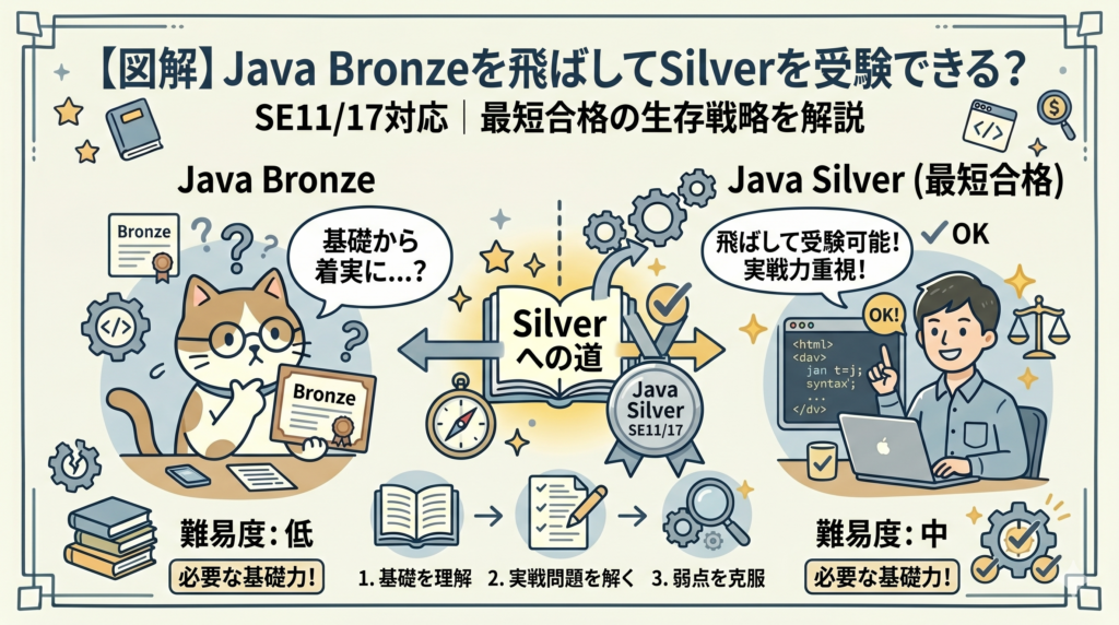 【図解】Java Silver（SE11/17）試験の最短合格戦略を比較したアイキャッチ画像。基礎を固めるBronze（猫）と、時間がかかる点を「飛ばす（Skip）」ことで、最新のSilver SE11/17（人間）へ、試験範囲の絞り込みや弱点克服で最短合格できる仕組みを手書き風イラストで解説。