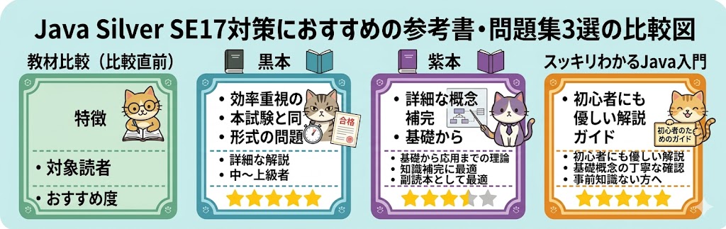 【図解】Java Silver SE17対策におすすめの参考書・問題集3選の比較図。効率重視の黒本（★5）、副読本に最適な紫本（★4）、未経験者向けの導入書スッキリわかるJava入門（★4）の特徴と選び方を分かりやすく解説した画像。