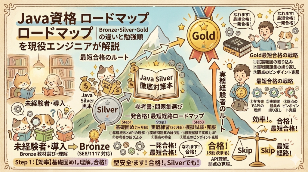 Java資格は、未経験ならBronzeまたはSilverから始め、実務経験者はGoldを目指す流れがおすすめです。