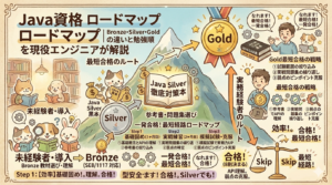 Java資格は、未経験ならBronzeまたはSilverから始め、実務経験者はGoldを目指す流れがおすすめです。