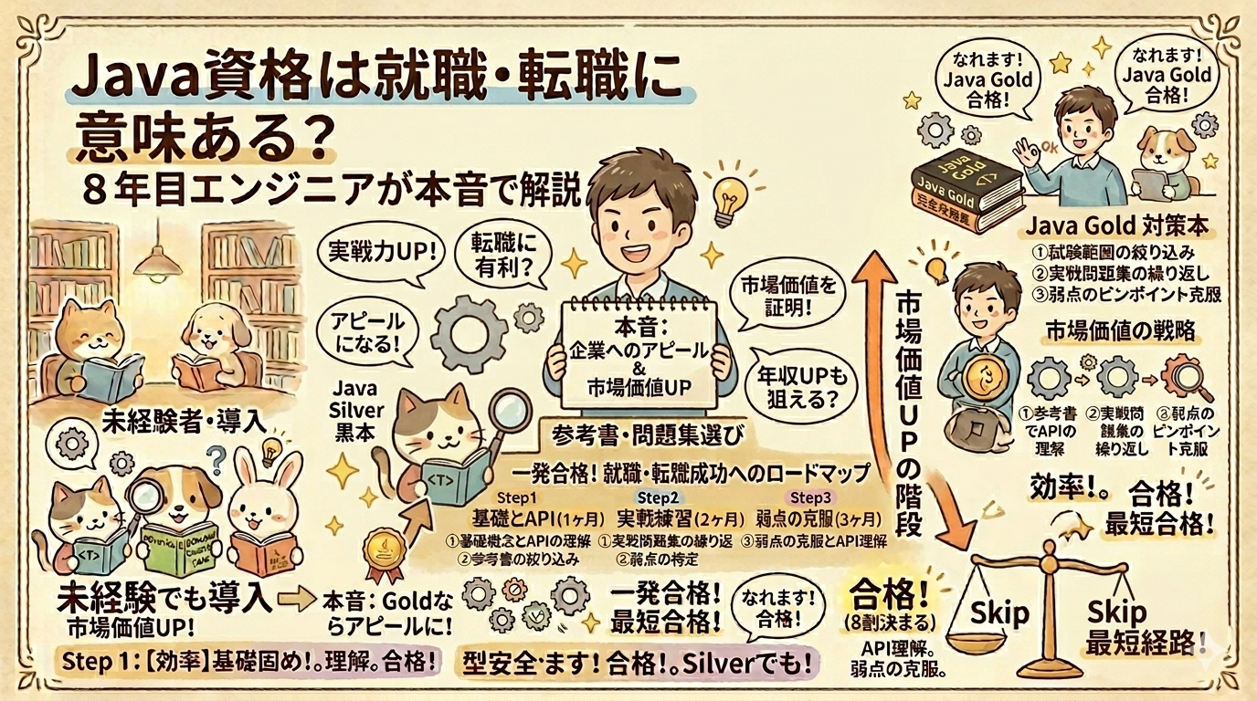 【図解】Java資格は就職・転職に意味ある?8年目エンジニアが本音で解説。未経験(猫)からBronze、Silverを経てGold(市場価値UPの階段)へステップアップするキャリアロードマップと、企業へのアピール、年収UPの戦略、一発合格への最短経路( Skip/Skipバランス)までを温かみのある手書き風イラストで図解したアイキャッチ画像。