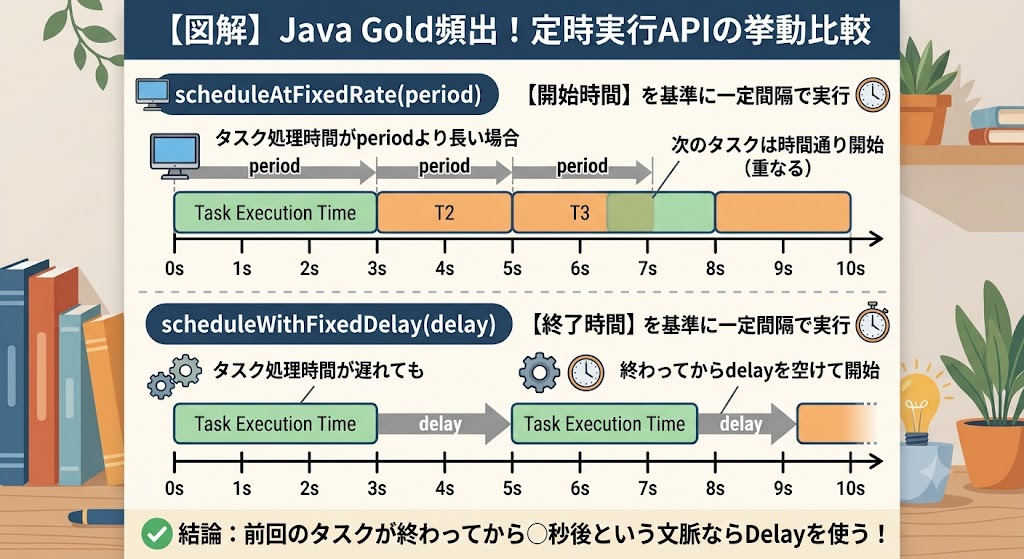 Java Gold試験頻出の定時実行API、scheduleAtFixedRate（開始時間基準）とscheduleWithFixedDelay（終了時間基準）の挙動の違いを比較したタイムライン図。タスク処理時間が長い場合の重なり方の違いを図解。