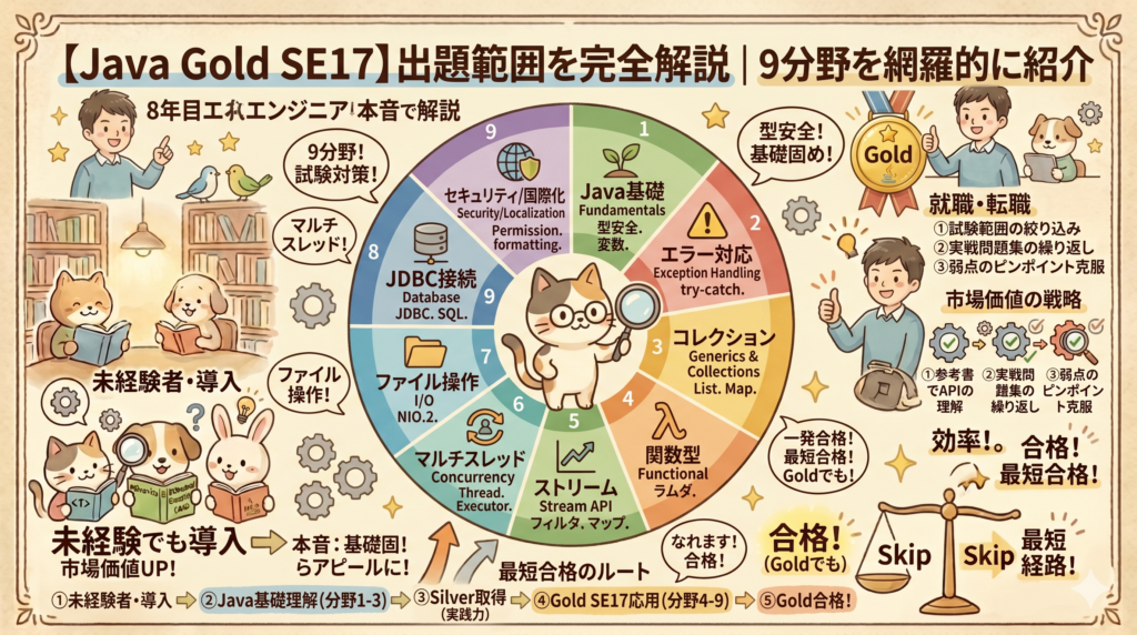 【図解】Java Gold SE17資格試験の出題範囲を完全に解説する詳細なインフォグラフィック。中央には、虫眼鏡を持った猫のキャラクターと、その周囲に円形に配置された9つの学習分野（Java基礎、エラー対応、コレクション、関数型、ストリーム、マルチスレッド、ファイル操作、JDBC接続、セキュリティ/国際化）が、具体的なキーワード（例：JDBC. SQL. try-catch. NIO.2. ラムダ. formatting.）とアイコンとともに示されている。左上には「8年目現役エンジニアの本音で解説」という人間のエンジニア。左側には未経験者からGold合格までの5ステップを示す「最短合格のルート」ロードマップ。右側には「就職・転職」と「市場価値の戦略」として試験範囲の絞り込みや弱点克服のステップが thumbs up をするエンジニアとともに描かれている。手書き風イラストとデジタルグラフィックが融合したスタイルで、型安全、基礎固め、市場価値UP、合格！などの吹き出しや、天秤、金メダルなどの要素で最短合格への道が視覚化されている。