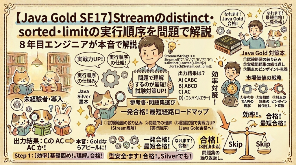 【図解】Java Gold SE17 Stream APIのdistinct・sorted・limitの実行順序を問題で解説。中央に男性エンジニアが「問題で理解」の看板を持ち、右側に実際のStreamコードと出力結果の選択肢、左側に未経験者猫と右側にゴールド対策本犬のロードマップが手書き風イラストで図解されたアイキャッチ画像。