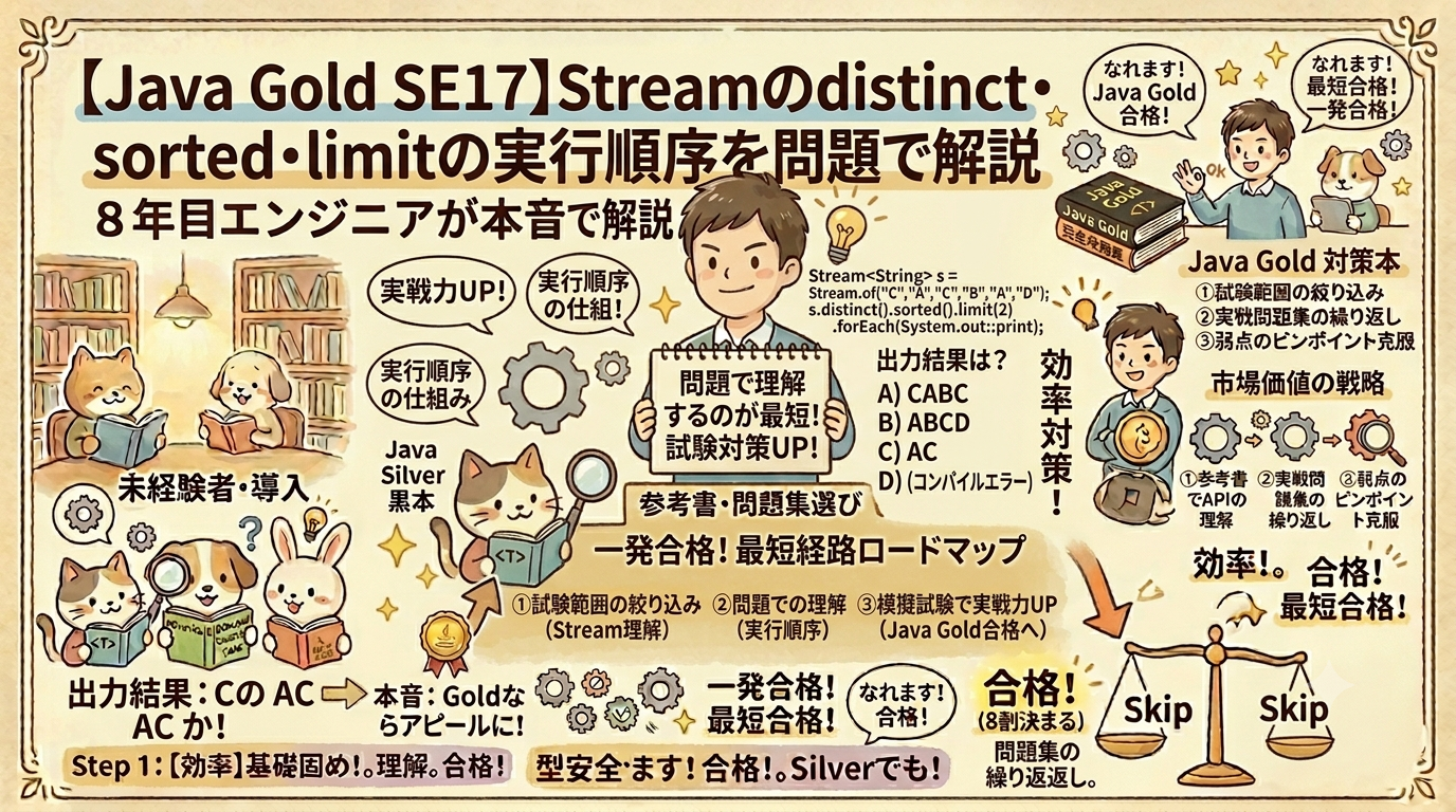 【図解】Java Gold SE17 Stream APIのdistinct・sorted・limitの実行順序を問題で解説。中央に男性エンジニアが「問題で理解」の看板を持ち、右側に実際のStreamコードと出力結果の選択肢、左側に未経験者猫と右側にゴールド対策本犬のロードマップが手書き風イラストで図解されたアイキャッチ画像。