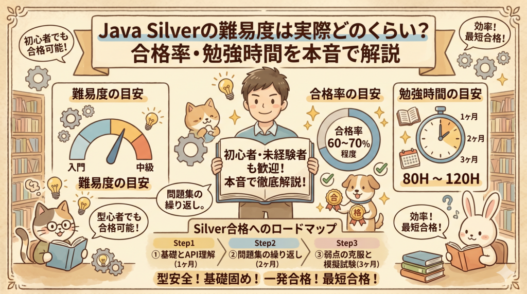 「Java Silverの難易度は実際どのくらい？ 合格率・勉強時間を本音で解説」というタイトルのブログアイキャッチ画像。難易度の目安（ゲージ）、合格率の目安（円グラフ 60-70%）、勉強時間の目安（時計 80-120H）を図解。下部には3ステップの合格ロードマップ（1:基礎とAPI、2:問題集、3:弱点克服と模試）を配置。男性エンジニア、猫、犬、ウサギのキャラクターが描かれた手描き風のイラスト。