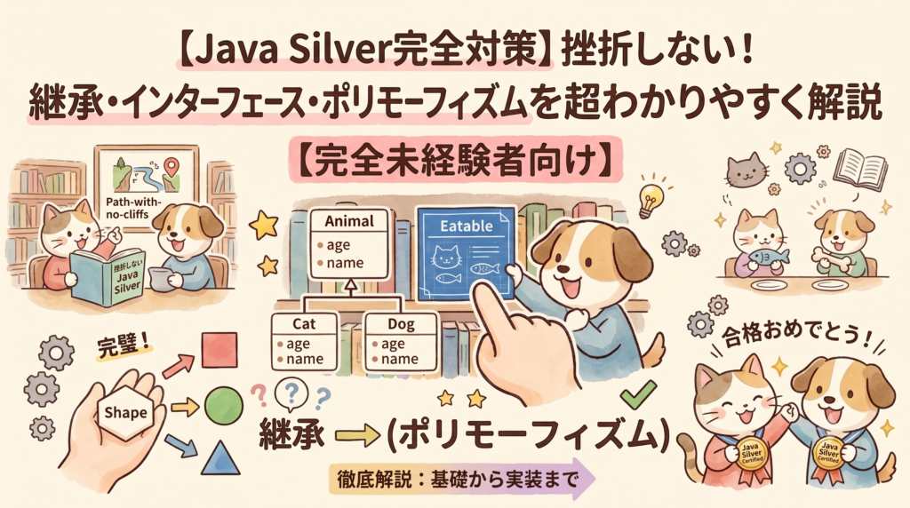 Java Silver対策の解説イラスト。猫と犬のキャラクターが、動物（Animal）クラスからの「継承」や「インターフェース」「ポリモーフィズム」の概念を分かりやすい図解で学んでいる様子。