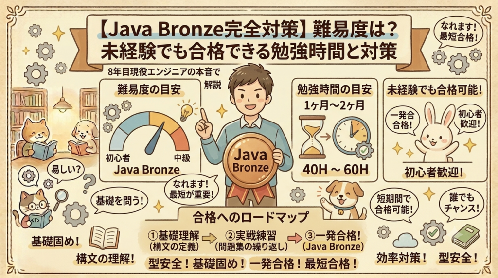 「【Java Bronze完全対策】難易度は？未経験でも合格できる勉強時間と対策 8年目現役エンジニアの本音で解説」というタイトルのブログアイキャッチ画像。手書き風イラストで、中央に男性エンジニアがブロンズメダルを持って立ち、左側に難易度目安（猫）、中央に勉強時間目安（犬、砂時計）、右側に未経験合格可能（ウサギ）を図解。下部には、3ステップの合格ロードマップ（①基礎理解、②実戦練習、③一発合格！）が描かれている。
