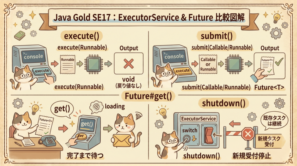 【図解】Java Gold SE17：ExecutorService & Future 比較図解。メガネ猫のキャラクターが、execute()とsubmit()の戻り値の違い（void vs Future）、Future#get()による結果待ち、shutdown()による新規タスク受付停止（「新規受付停止」）の仕組みを比較したインフォグラフィック。