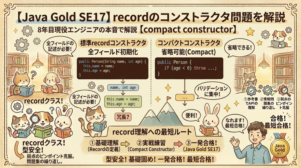 【図解】Java Gold SE17のrecordクラス「コンパクトコンストラクタ」解説アイキャッチ画像。上部にタイトル「【Java Gold SE17】recordのコンストラクタ問題を解説【compact constructor】」と「8年目現役エンジニアの本音で解説」。中央に対比図があり、左側は標準recordコンストラクタ（全フィールド記述、冗長）のコードとフロー、右側はコンパクトコンストラクタ（簡潔、省略可能、バリデーションに集中）のコードとフローを対比。下部には、動物キャラクターがいる「record理解への最短ルート」ロードマップ山と、金メダル（Java Gold SE17）を持った人間のエンジニアのイラストが手書き風ベクトルアートで描かれている。