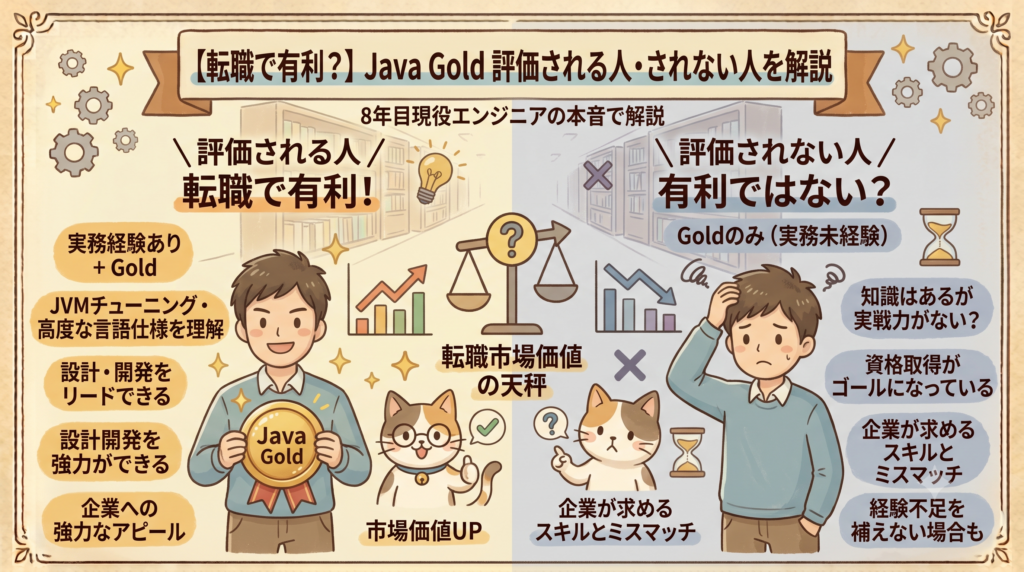 【図解】Java Gold資格保有者の転職における市場価値評価を比較解説した詳細なインフォグラフィック。8年目現役エンジニアの本音に基づき、自信を持って有利とアピールできる「評価される人」と、資格のみで戸惑う「評価されない人」を対比。実務経験あり・高度知識・設計リードなどの具体例（評価される側）と、資格のみ（実務未経験）・スキルミスマッチ・経験不足などの課題（評価されない側）を、手描き風のイラスト、フローチャート、市場価値の天秤、最短合格ロードマップ、詳細なテキストとともに詳しく図解している。
