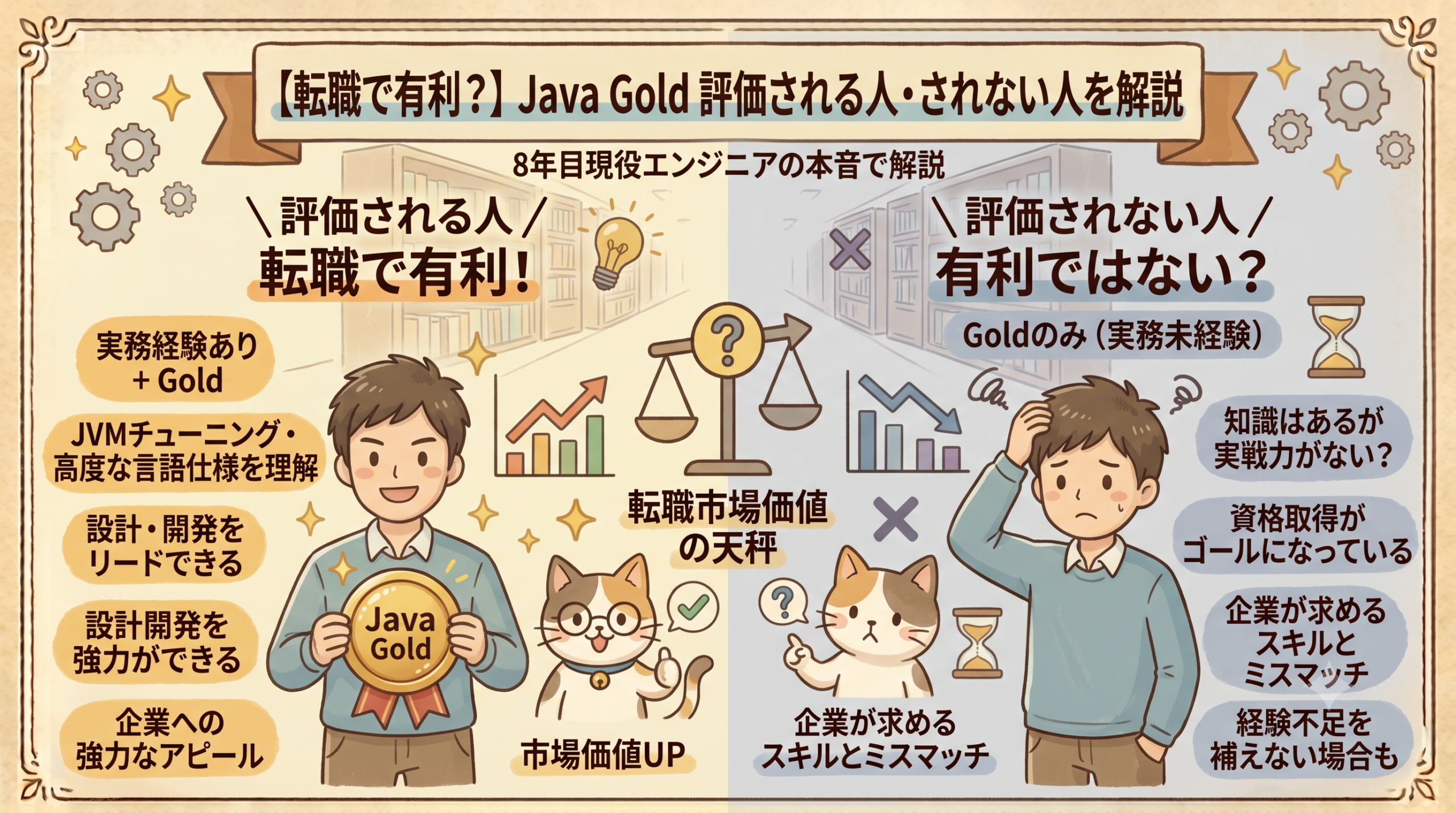 【図解】Java Gold資格保有者の転職における市場価値評価を比較解説した詳細なインフォグラフィック。8年目現役エンジニアの本音に基づき、自信を持って有利とアピールできる「評価される人」と、資格のみで戸惑う「評価されない人」を対比。実務経験あり・高度知識・設計リードなどの具体例（評価される側）と、資格のみ（実務未経験）・スキルミスマッチ・経験不足などの課題（評価されない側）を、手描き風のイラスト、フローチャート、市場価値の天秤、最短合格ロードマップ、詳細なテキストとともに詳しく図解している。