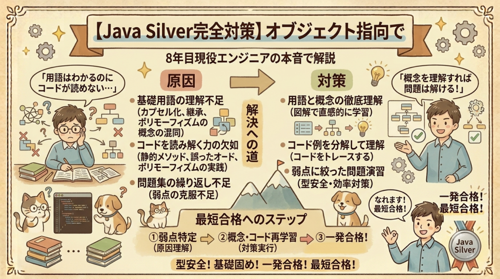 Java Silver試験対策の図解入りアイキャッチ画像。タイトルは「【Java Silver完全対策】オブジェクト指向で問題が解けない原因と対策」で、8年目現役エンジニアによる解説と書かれています。イラストと箇条書きで、オブジェクト指向の問題が解けない原因（基礎用語不足、コード読解力不足、練習不足）と、その対策（概念の理解、コード追跡、弱点演習）が対比してまとめられています。また、「最短合格へのステップ」として合格までの3つの工程も描かれ、全体的に温かみのあるイラスト調のデザインです。