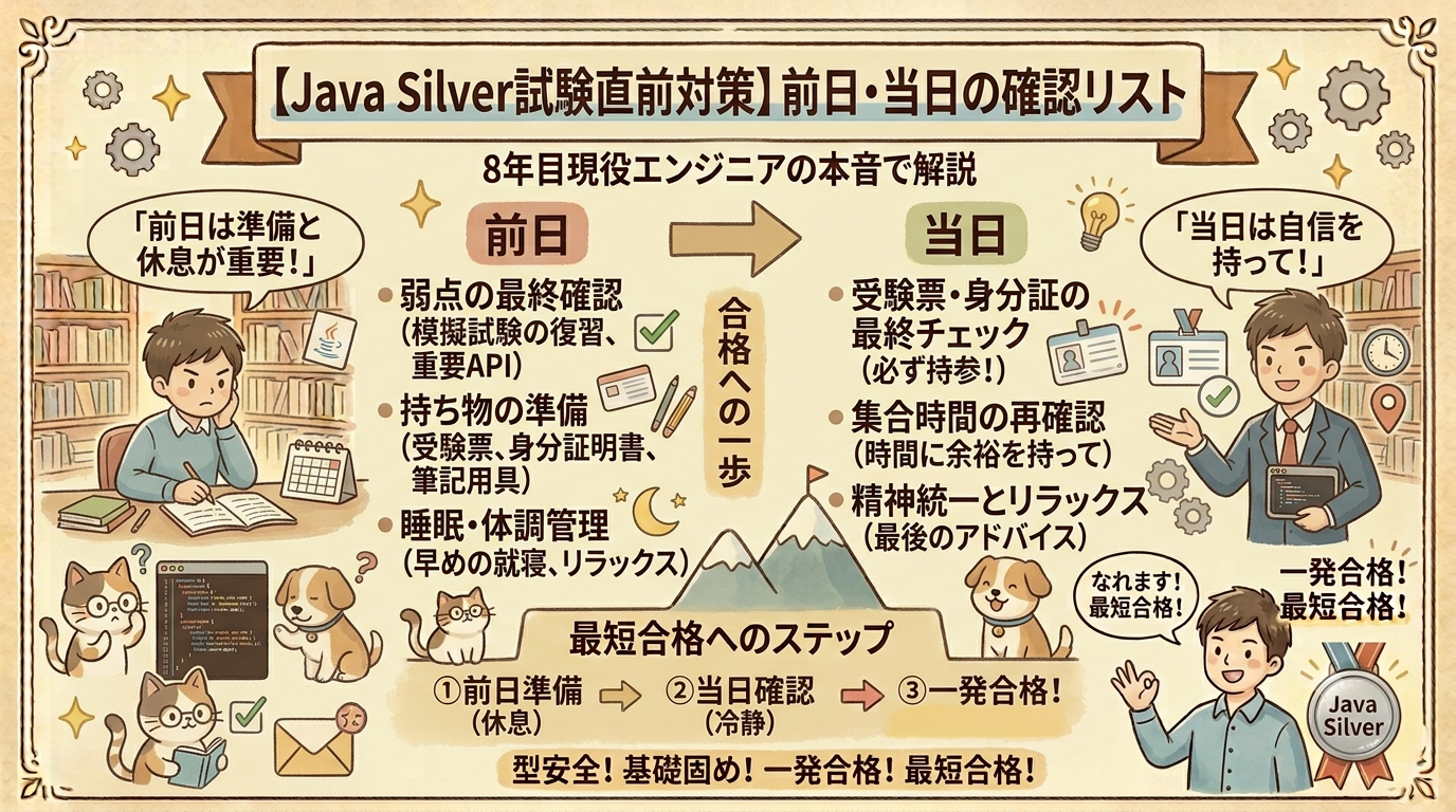 Java Silver試験直前対策の図解入りアイキャッチ画像。